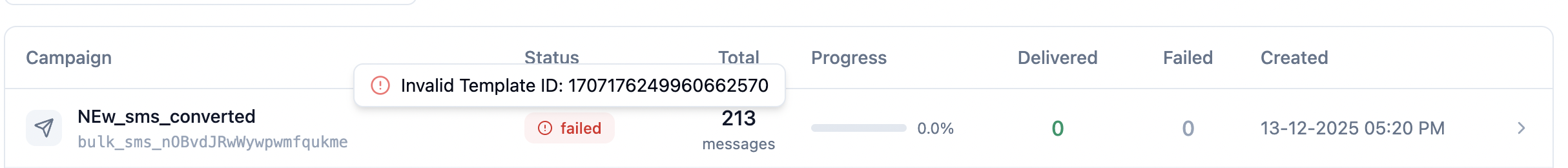 Bulk SMS error tooltip