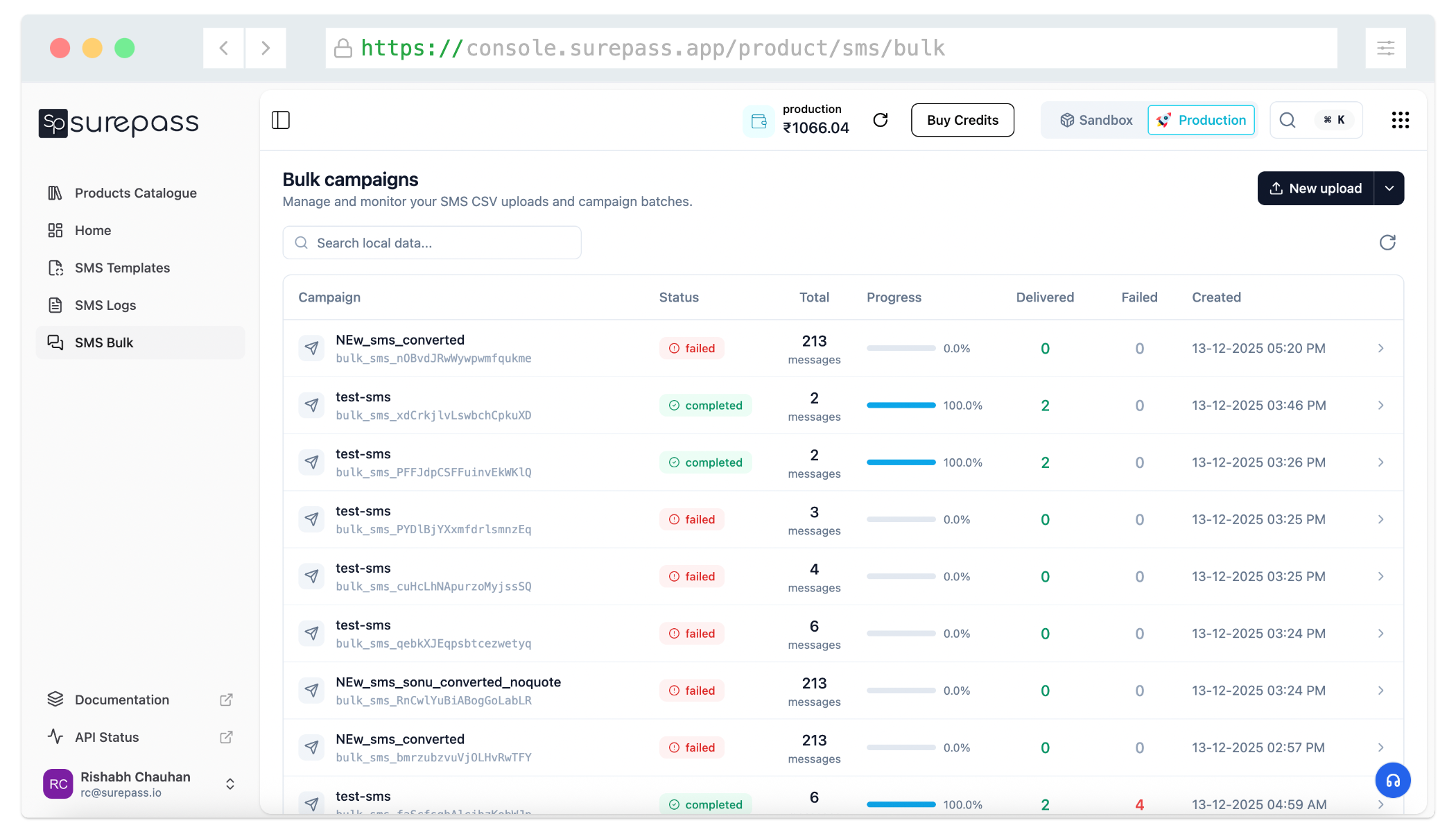 Bulk SMS - batches overview