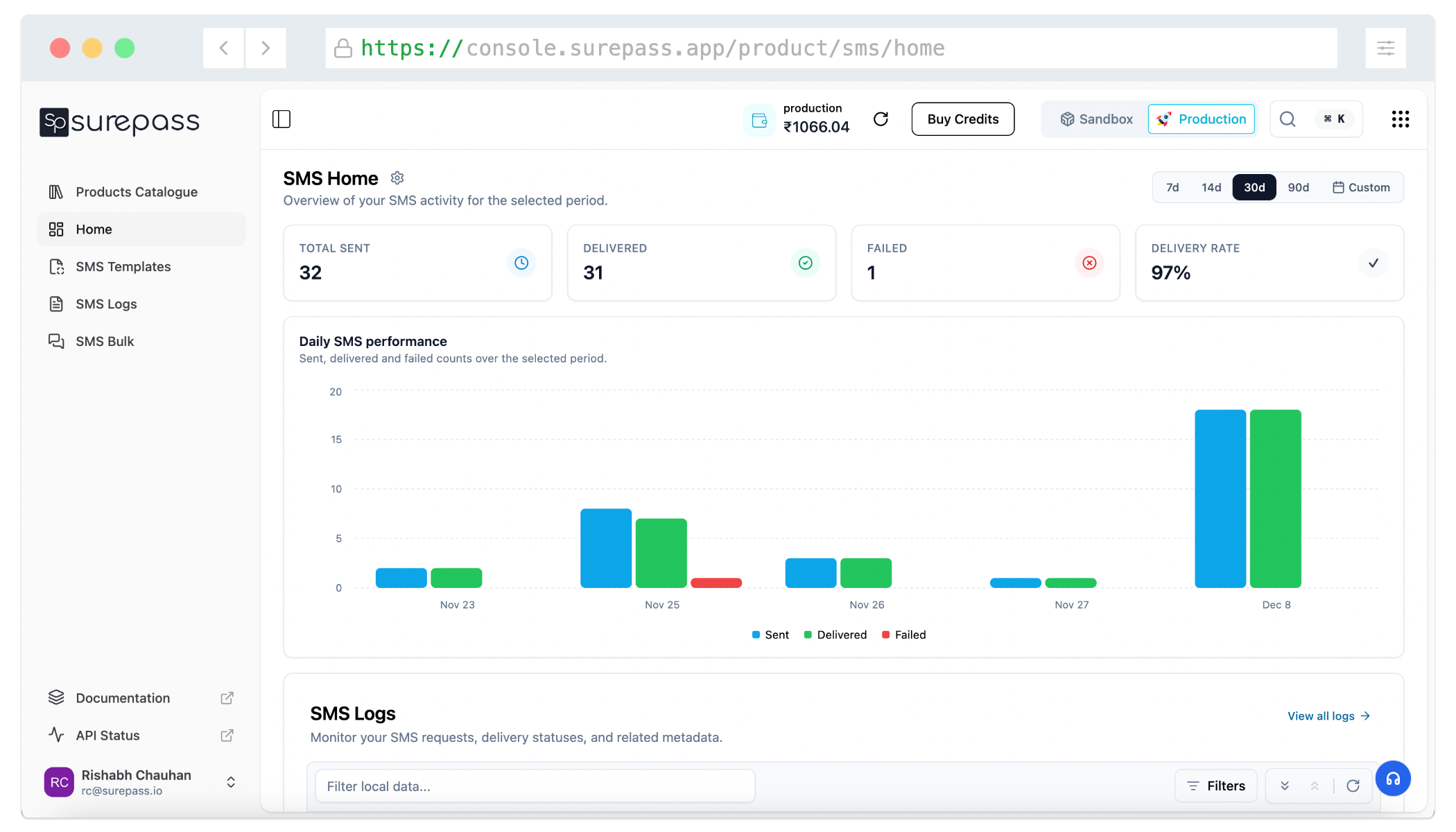 SMS home – stats and recent logs